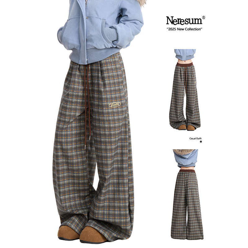 NERESUM冬季加绒格纹休闲卫裤