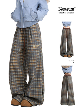 NERESUM冬季加绒格纹卫裤女潮牌复古直筒阔腿裤垂感保暖休闲裤