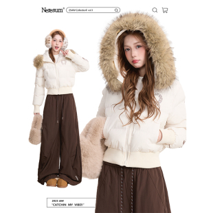 棉服外套 甜美加厚保暖短款 NERESUM美式 复古印花毛领棉衣女冬季