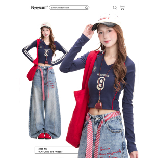 甜辣修身 NERESUM美式 女秋季 长袖 显瘦打底上衣T恤 运动风V领短款