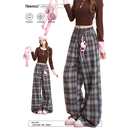 直筒阔腿加绒休闲裤 NERESUM复古Kitty猫刺绣格子裤 女秋冬2025新款