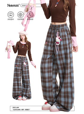 NERESUM复古Kitty猫刺绣格子裤女秋冬2025新款直筒阔腿加绒休闲裤