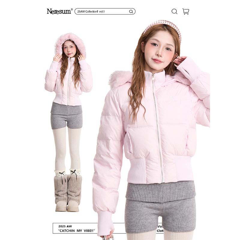 NERESUM甜美粉色毛领连帽羽绒服