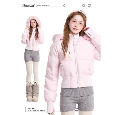 NERESUM甜美粉色毛领连帽羽绒服