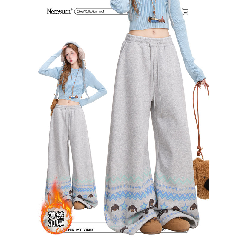 NERESUM费尔岛灰色卫裤女复古垂感宽松休闲裤冬季加厚保暖阔腿裤,女装/女士精品,休闲裤,淘宝优惠券,粉丝福利购,淘宝优惠卷