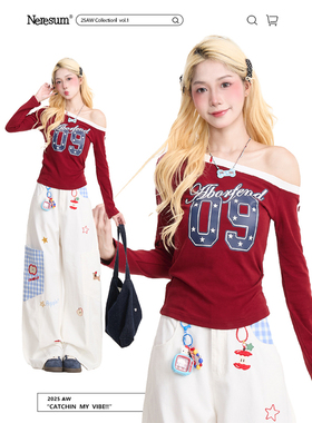 NERESUM美式复古斜领长袖T恤女秋季2026新款辣妹露肩短款红色上衣