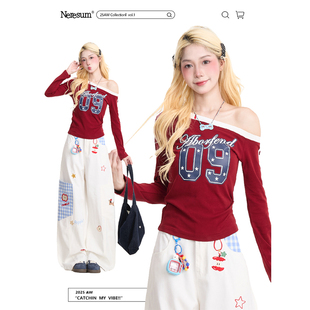 辣妹露肩短款 NERESUM美式 2025新款 T恤女秋季 红色上衣 复古斜领长袖