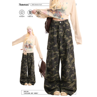 褶皱街头休闲裤 NERESUM美式 女复古多口袋宽松直筒裤 裤 迷彩工装