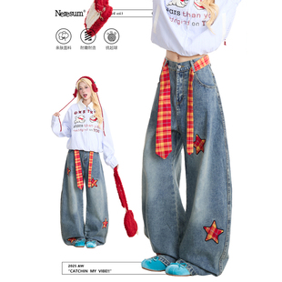 百搭显瘦长裤 复古阔腿裤 女美式 NERESUM格纹星星贴布弯刀牛仔裤
