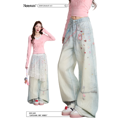 NERESUM链条印花做旧牛仔裤