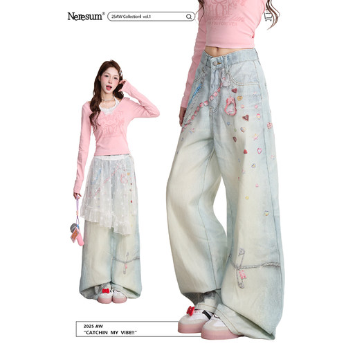 NERESUM链条印花做旧牛仔裤