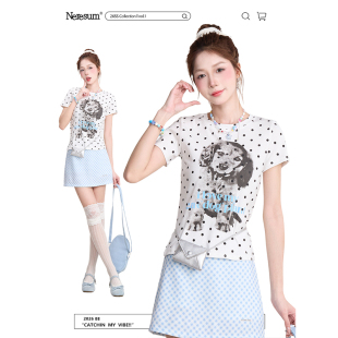 复古美式 新款 正肩百搭显瘦上衣 T恤女夏季 NERESUM小狗波点满印短袖