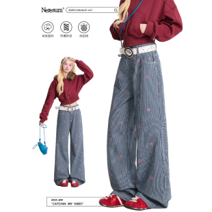 街头百搭长裤 NERESUM星星刺绣条纹直筒裤 女潮牌复古宽松休闲裤