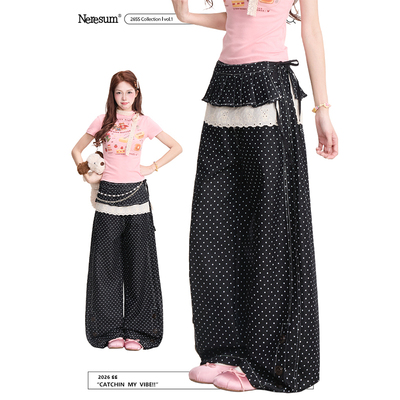 NERESUM波点满印可拆卸屁帘牛仔裤女韩系轻亚风裤子直筒阔腿裤