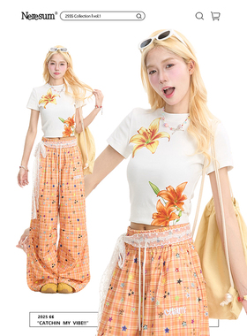 NERESUM白色美式花卉印花显瘦短袖T恤女夏季修身甜辣减龄短款上衣