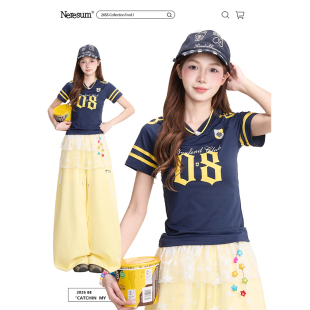 修身 辣妹夏季 球衣上衣 T恤女美式 NERESUM复古数字印花运动风短袖