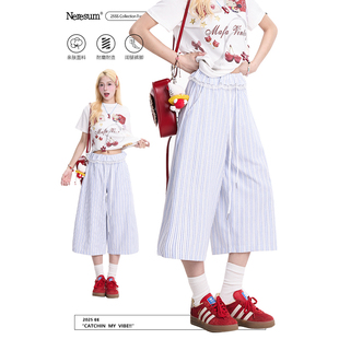 短裤 NERESUM韩系蕾丝花边条纹七分裤 女复古阔腿显瘦松弛感夏季