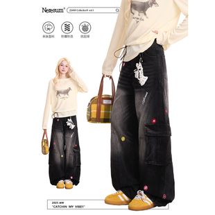 NERESUM多口袋工装牛仔裤女花朵刺绣复古阔腿裤水洗显瘦直筒裤子