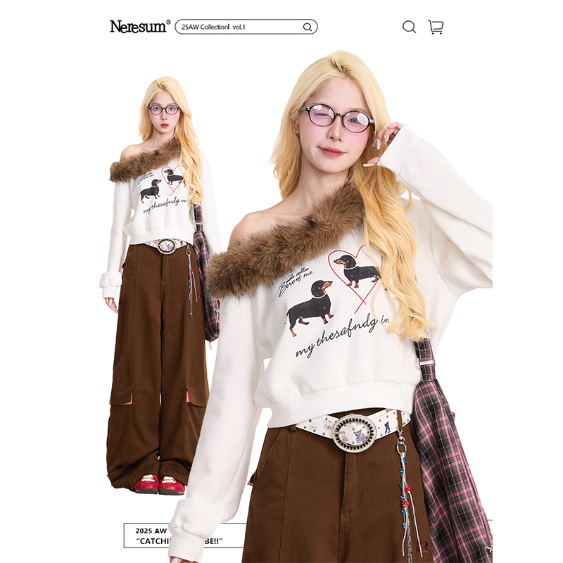 NERESUM美式复古毛领斜肩卫衣