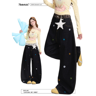 宽松垂感阔腿裤 潮牌水洗弯刀裤 女美式 NERESUM星星猫爪刺绣牛仔裤