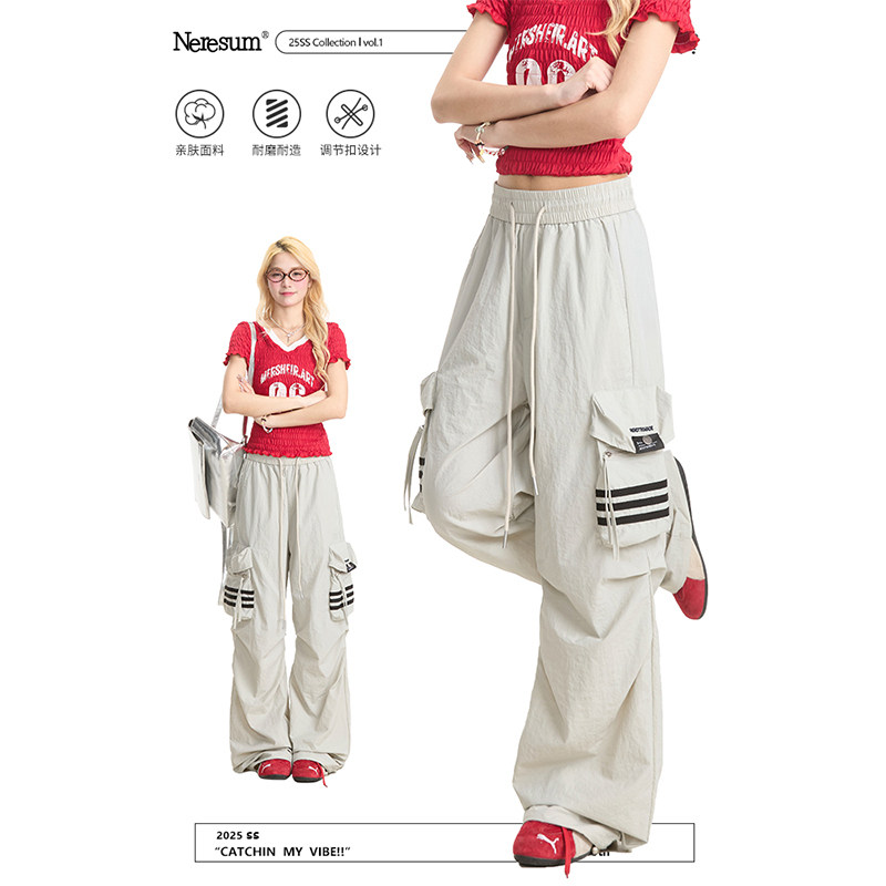NERESUM裤子女口袋条纹设计感直筒裤复古褶皱宽松抽绳休闲工装裤,女装/女士精品,休闲裤,淘宝优惠券,粉丝福利购,淘宝优惠卷