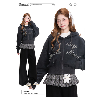 帽衫 卫衣女秋冬复古宽松显瘦短款 字母烫钻连帽开衫 NERESUM美式
