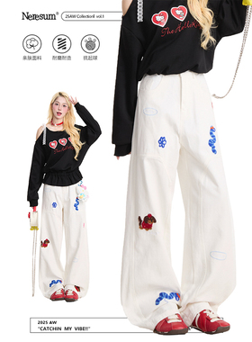 NERESUM卡通毛巾绣白色牛仔裤女美式潮牌直筒裤水洗显瘦阔腿裤