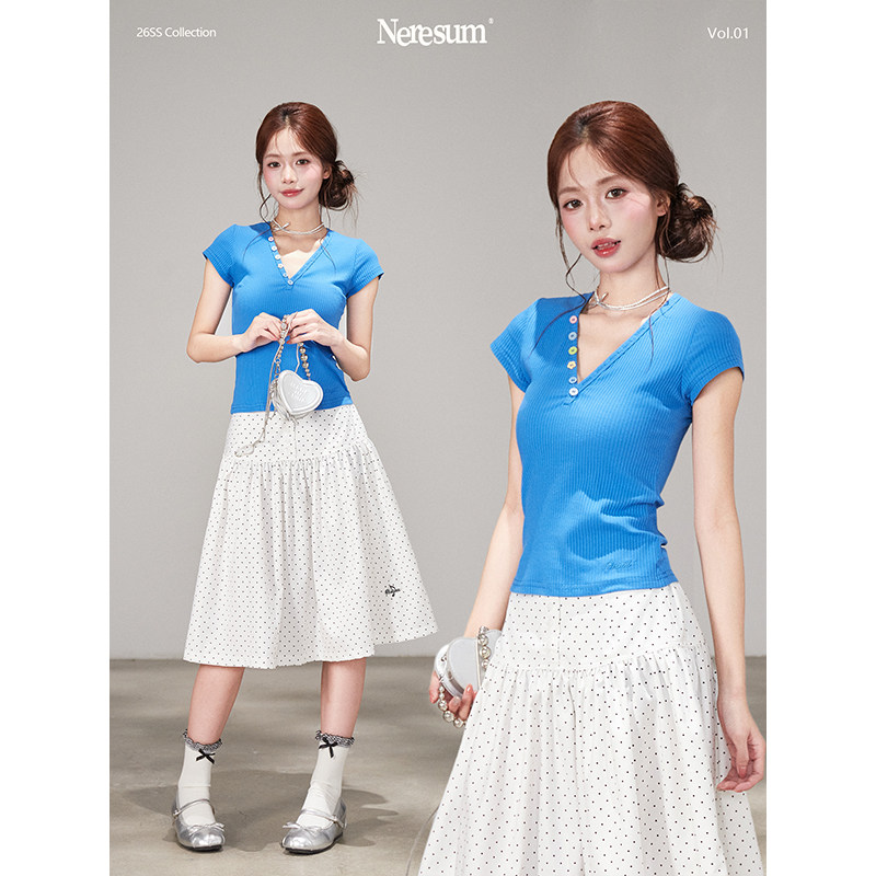 NERESUM夏季多巴胺甜辣纽扣V领针织短袖T恤女修身显瘦设计感上衣
