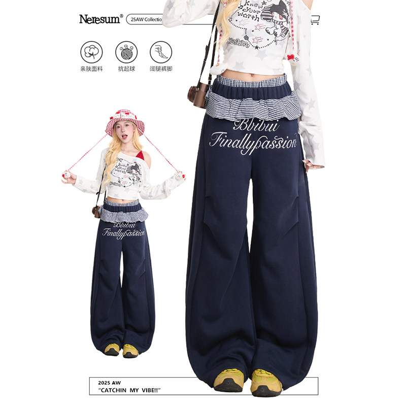 NERESUM卫裤女格纹花边字母刺绣直筒休闲裤复古褶皱百搭运动裤,女装/女士精品,休闲裤,淘宝优惠券,粉丝福利购,淘宝优惠卷