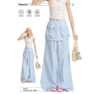 子宽松直筒显瘦小众阔腿裤 条纹假两件口袋裤 女美式 NERESUM休闲裤