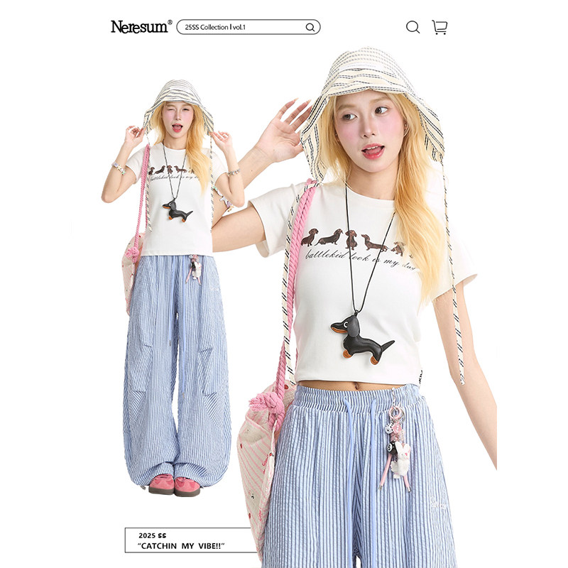 美式腊肠狗印花正肩短袖T恤女