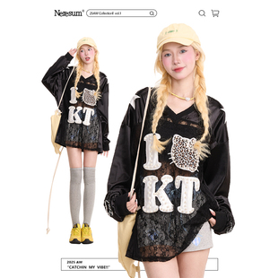上衣 设计感宽松罩衫 NERESUM豹纹Kitty猫蕾丝镂空长袖 T恤女美式