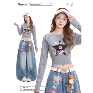 辣妹短款 T恤女秋冬波点插肩袖 打底上衣 字母印花长袖 NERESUM美式