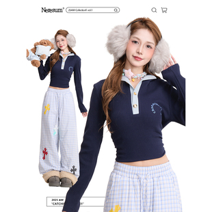 半高领连帽长袖 显瘦短款 T恤女秋季 甜酷修身 上衣 新款 NERESUM美式