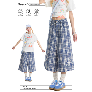 中裤 NERESUM直筒阔腿格子七分裤 短裤 宽松百搭休闲街头美式 女新款