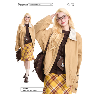 NERESUM美式条纹拼接飞行员夹克女秋冬极简风高级感通勤百搭外套