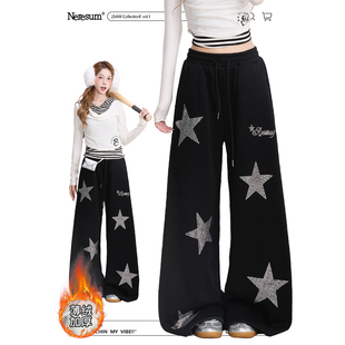 宽松直筒运动裤 NERESUM五角星烫钻卫裤 加厚阔腿休闲裤 冬季 女美式