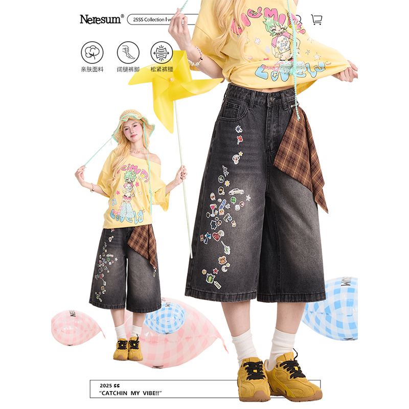 NERESUM趣味卡通印花七分牛仔裤