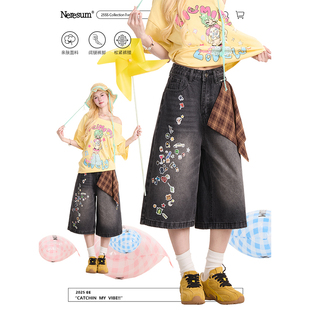 复古水洗慵懒直筒阔腿短裤 NERESUM趣味卡通印花牛仔七分裤 女美式