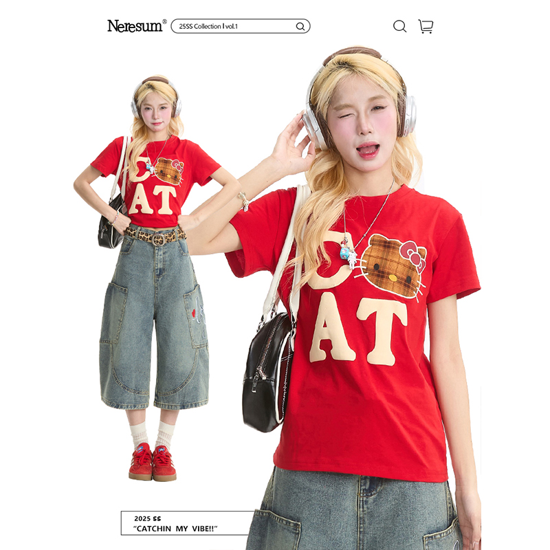 NERESUM夏季红色短袖T恤女Kitty猫印花潮牌美式宽松百搭休闲上衣