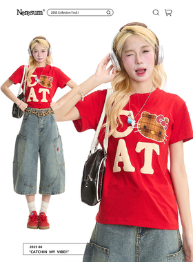 NERESUM夏季红色短袖T恤女Kitty猫印花潮牌美式宽松百搭休闲上衣