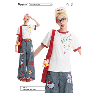 宽松小众新款 复古撞色夏季 休闲上衣 T恤女美式 NERESUM卡通印花短袖