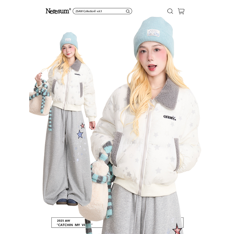 NERESUM星星印花羊羔毛翻领棉服