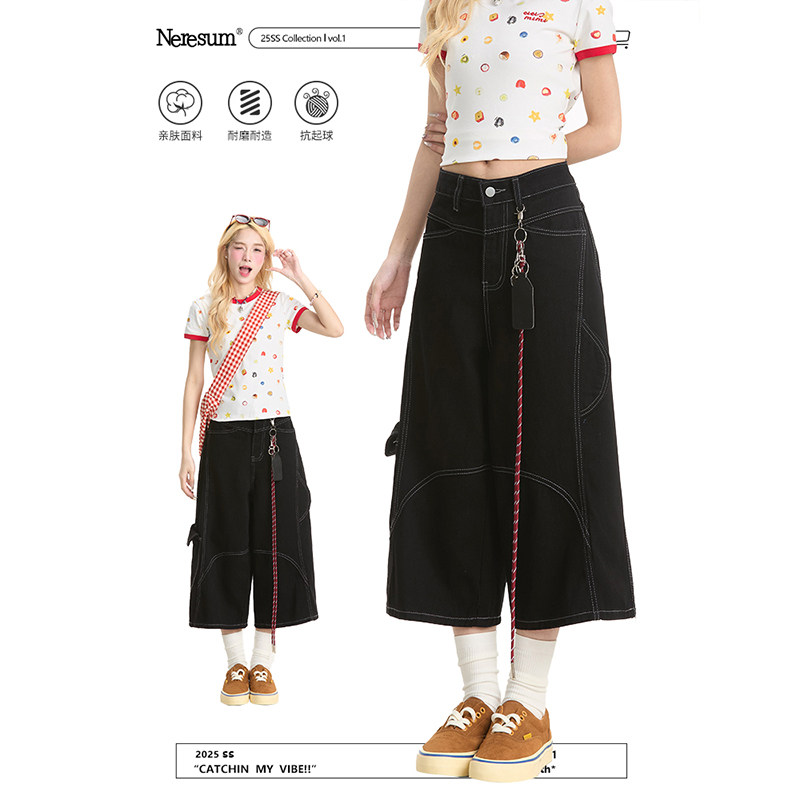 NERESUM黑色牛仔短裤女美式潮牌复古挂饰宽松夏季休闲百搭七分裤,女装/女士精品,牛仔裤,淘宝优惠券,粉丝福利购,淘宝优惠卷