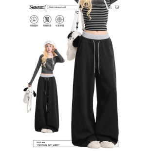 宽松显瘦垂感运动休闲裤 爵士舞直筒阔腿裤 女美式 NERESUM黑色卫裤