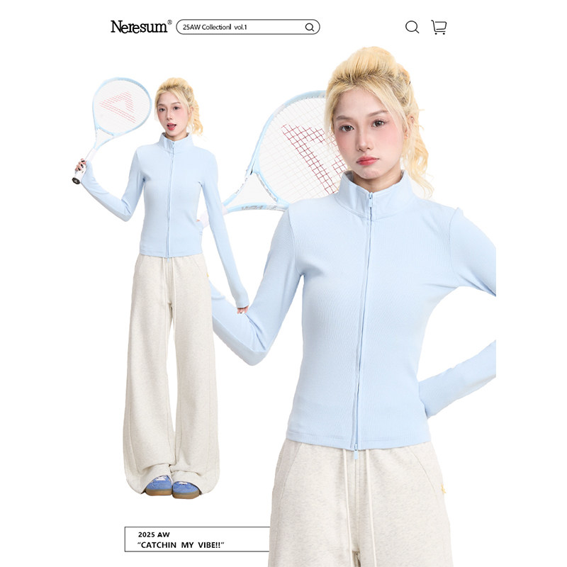NERESUM韩系纯色短款立领开衫长袖女秋季新款修身显瘦运动上衣