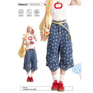 NERESUM美式星星满印七分牛仔裤女新款设计感褶皱水洗阔腿短裤