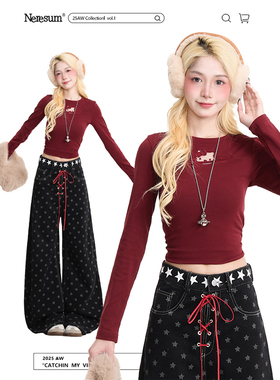 NERESUM镂空Kitty猫红色长袖T恤女设计感秋季甜辣短款打底上衣