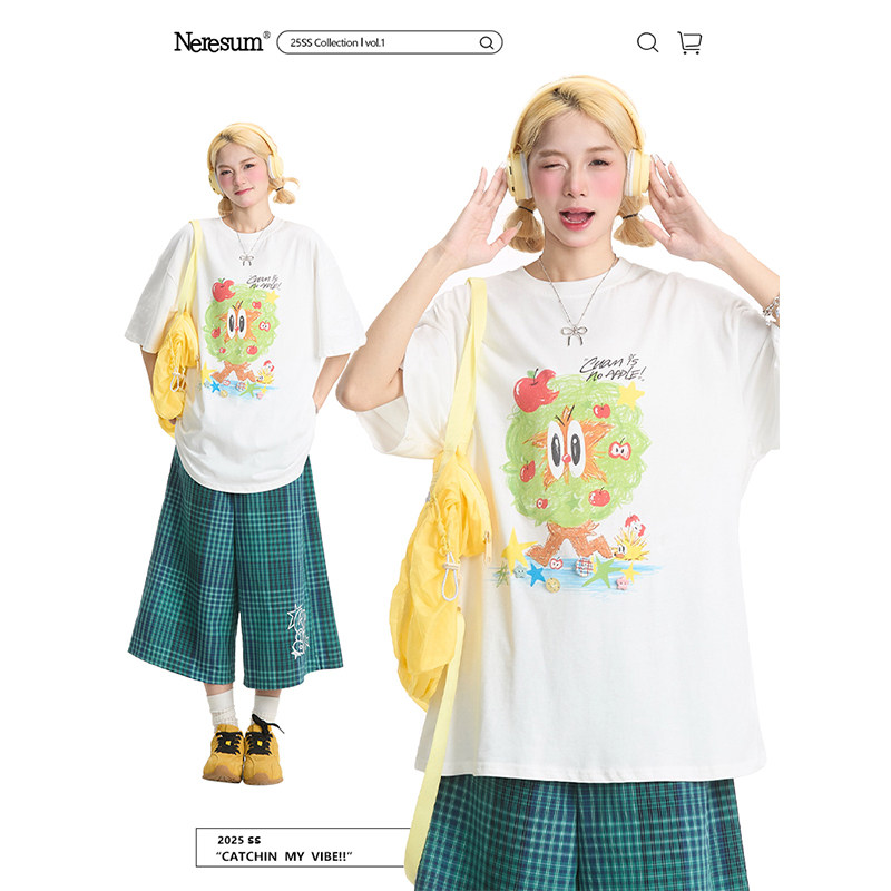 NERESUM短袖女夏季趣味苹果树涂鸦T恤宽松慵懒甜酷减龄新款上衣,女装/女士精品,T恤,淘宝优惠券,粉丝福利购,淘宝优惠卷