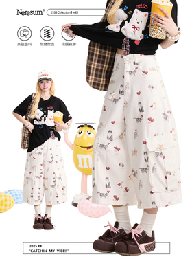 NERESUM爱心猫咪满印白色七分裤女多口袋工装短裤小众慵懒中裤